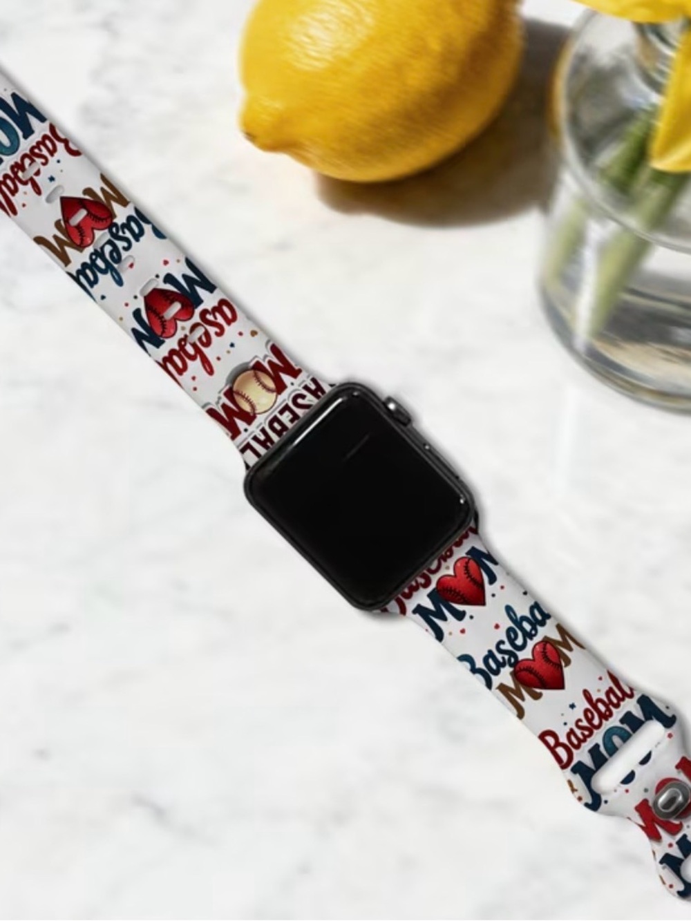 Baseball Mom White Patterned Silicone Watch Band 44-49mm